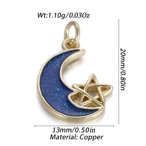 Pendentif lune et étoile en cuivre 20mm x 13mm avec émail bleu et détails en zircon