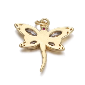Detailed view of a gold dragonfly pendant with micro-pave cubic zirconia and hollow wings
