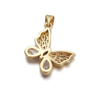 Detailed view of a gold butterfly charm pendant with micro-paved cubic zirconia