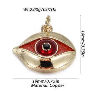 Macro shot of 19mm copper Evil Eye pendant with weights and dimensions on white background