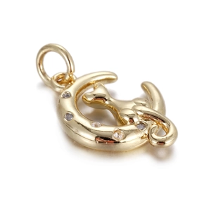 Golden crescent moon and cat charm pendant with zircon inlay for necklaces and bracelets