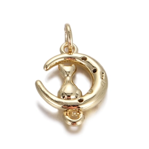Golden crescent moon necklace pendant featuring a sitting cat silhouette on white background