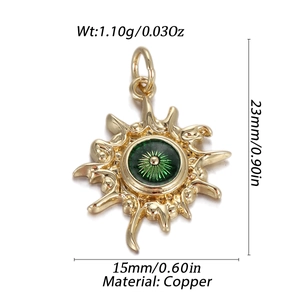 Detail view of gold sunburst Evil Eye pendant with copper material dimensions and specs