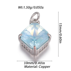 Detalle de las dimensiones del colgante de gota azul de cobre con piedras de circón