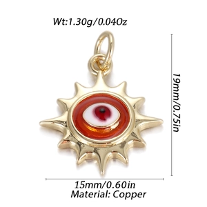 Detail of copper Evil Eye pendant with sunburst design showing 19mm x 15mm dimensions