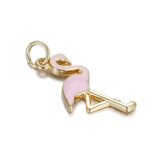 Detailed close-up of a pink enamel flamingo pendant with a golden metallic finish and ring