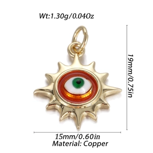 Macro shot of sunburst evil eye pendant in copper with weight and size specifications