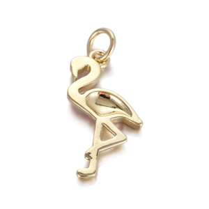 Detailed close-up of a golden flamingo pendant with a polished metallic finish and ring hook