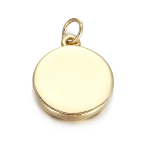 Close-up of polished 14k gold-plated circular pendant charm with jewelry jump ring