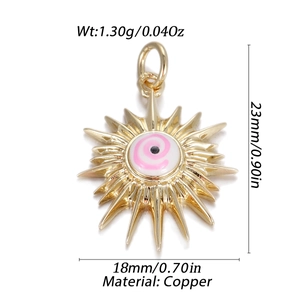 Macro detail of copper sun pendant showing dimensions and pink swirl enamel design