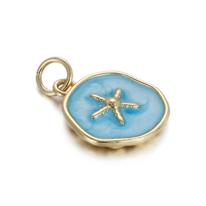 Detail of star-shaped gold pendant with light blue enamel on polished metal base