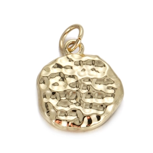 Close-up of hammered 14k gold-plated sunflower pendant with vintage geometric texture