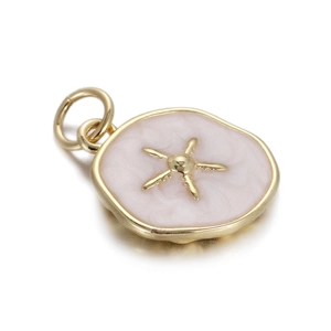 Detailed close-up of Baroque sunflower pendant with pink enamel and 14k gold star design