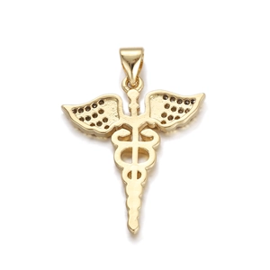 Detailansicht eines goldenen medizinischen Caduceus-Anhängers mit durchbrochenen Flügeln