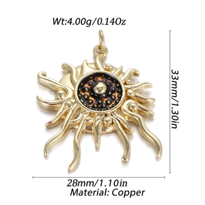 Detailed size and material view of copper sunburst evil eye pendant with dimensions
