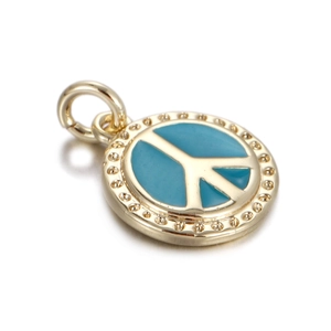 Detailed view of a golden baroque sun flower pendant with blue enamel peace sign symbol