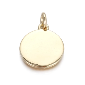 Close-up of a polished gold round disc pendant featuring a smooth reflective surface