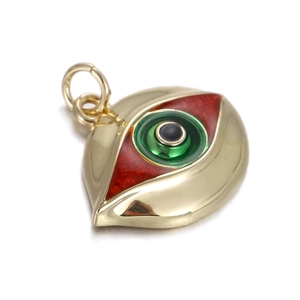 Detailed view of colorful enamel evil eye pendant charm in gold plated finish
