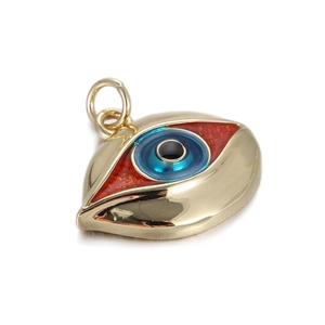 Macro shot of gold Evil Eye pendant featuring concentric enamel layers and top jump ring