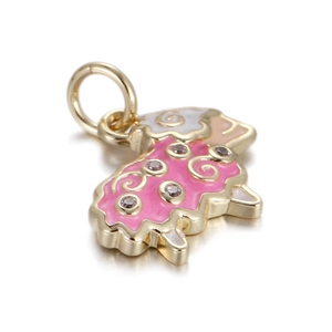 Close-up of pink and white enamel sheep pendant with zircon stones and gold plating