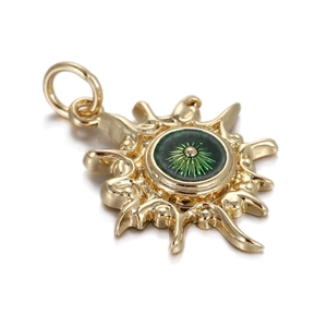 Detailed close-up of a sunburst Evil Eye pendant with green inlay and golden finish