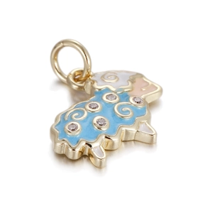 Detailed macro view of a 14k gold-plated cartoon lamb pendant with blue enamel and zircon