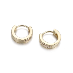 Close-up of gold plated hoop earrings with micro-set pink zircons on white background