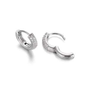 Close-up of S925 silver hoop earrings with white zircon pavé and snap closure