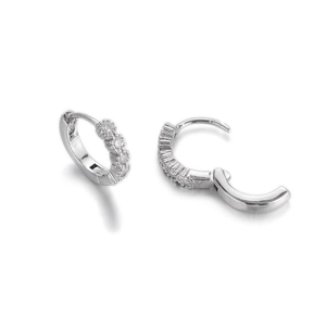 Close-up of silver huggie earrings with white cubic zirconia in open and closed views