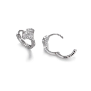 Detail of silver heart hoop earrings with pavé white zircon and hinge mechanism