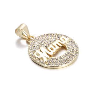 14k gold plated round Mama pendant with shimmering zircon pavé stones and hollow design