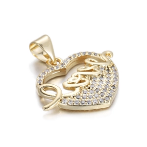 Detailed view of 14k gold heart pendant with Love script and micro-pave zircons