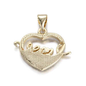 Detail of 14k gold-plated heart pendant with Love script and beaded texture