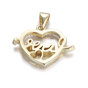 Detailed view of a 14k gold plated heart pendant with hollow love lettering and zircons