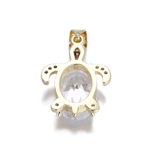 Detailed back view of gold sea turtle pendant with large oval zircon stone