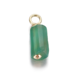 Detail of green chalcedony column pendant with gold findings and smooth polished finish
