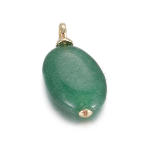 Macro detail of oval green natural stone pendant with gold metal clasp and trim