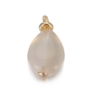 Detailed view of water drop white agate pendant with a polished gold metal clasp