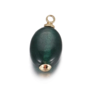 Detail of dark green oval gemstone pendant with gold-plated bail and cap on white base