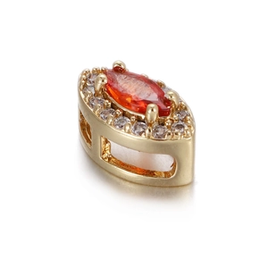 Detailed macro view of 14k gold plated flower pendant with orange marquise zircon stone