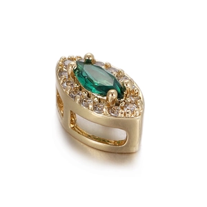 Detailed side view of 14k gold-plated marquise emerald pendant with zircon pave and cord hole