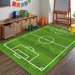 Creative soccer field rug with vibrant green turf texture for living room and bedroom decor