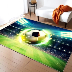 Detailed view of 3D football soccer field carpet on light wood floor in living room