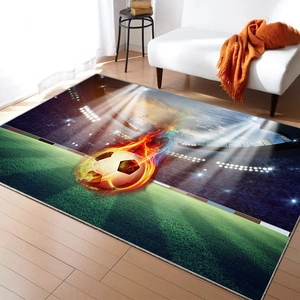 Detailed 3D soccer field rug with a flaming football design for a cozy modern living room decor