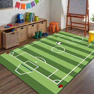 Close-up of short-pile soccer field rug with realistic turf stripes and boundary lines