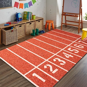 Detailed view of track and field themed rug with numbered lanes for kids room decor