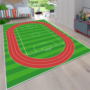 Green soccer field area rug with running track pattern for modern kids bedroom decor