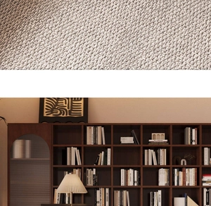 Macro detail of sisal-style woven carpet texture alongside minimalist home study setting
