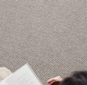 Close-up of durable taupe loop pile woven carpet texture in a cozy home setting