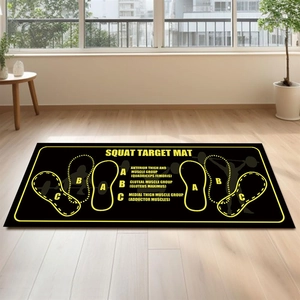Detail showing the Squat Target Mat with yellow muscle group indicators on wood floor